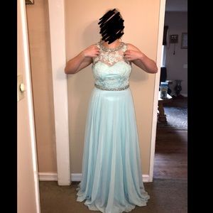 Tiffany Blue Floral Beaded Prom Dress